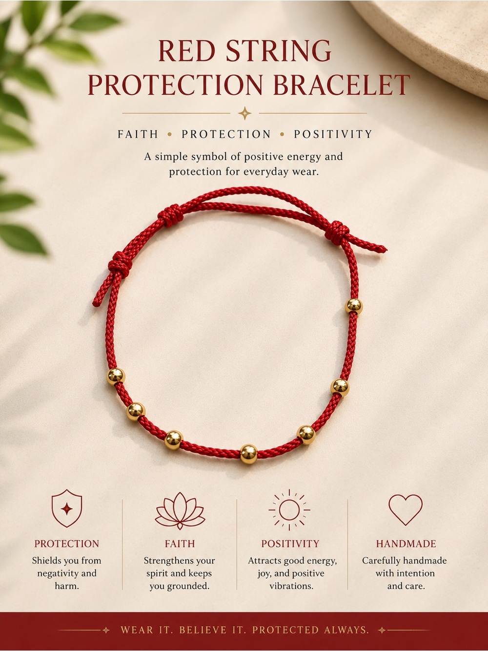 Red String Protection Bracelet with Gold Beads - Faith & Positivity